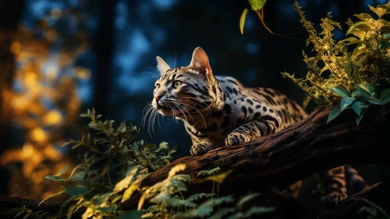 Bengal cat perched on branch, sunlit face, looking curiously into the distance