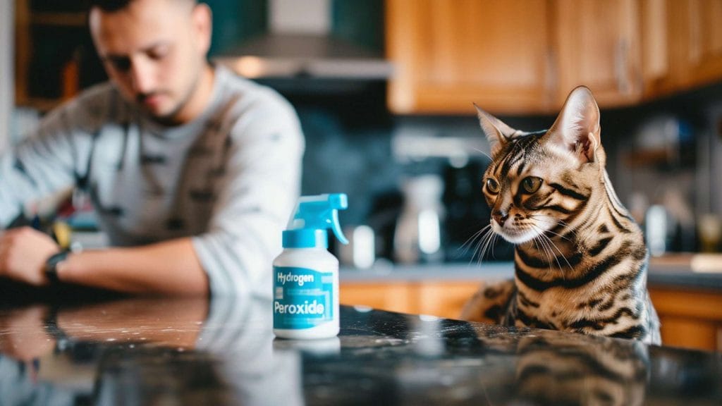 Bengal cat looks on as Hydrogen Peroxide is used for eco-friendly countertop cleaning.