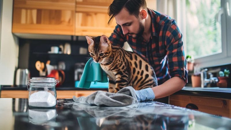 Young man safely cleans kitchen countertop with Bengal cat watching intently